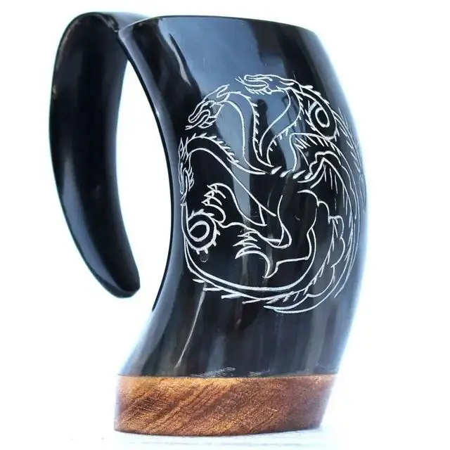 Caneca De Chifre Viking De Alta Qualidade Caneca De Chifre De Bebida Caneca De Café Com Base De Madeira Chifre Viking De Fornecedor Indiano