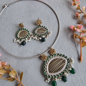 Lujo nuevo Styli gargantilla conjunto con perla resplandor Polki con colgante gargantilla collar pendientes latón boda joyería para mujer - Product Image 2