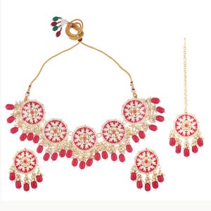 Fabricante indio mayorista de joyería India chapado en oro tono imitación perla Kundan cristal Floral gargantilla collar conjunto para mujer - Product Image 5