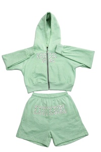 Ensemble de survêtement Y2K personnalisé pour femme avec logo brodé, strass lavés, franges, sweat à capuche court, style raglan, respirant, hiver - Product Image 2