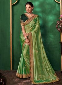 Bollwood-Saree de seda Kajal Aggarwal Vichitra con bordado, trabajo y encaje bordado pesado, trabajo con compras en línea latkan - Product Image 3