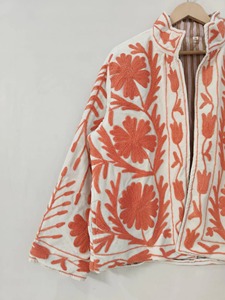 Veste en polyester brodée de fleurs, col montant, manches longues, fermeture éclair, vêtement d'extérieur décontracté, pour l'automne, pour adultes - Product Image 3