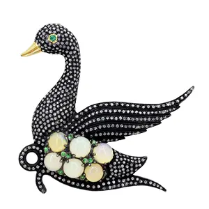 14k Yellow Gold Pave Diamond Gemstone Opal and Emerald Duck Brooch Pendant Jewelry Wholesale 925 Sterling Silver Gifting Jewelry