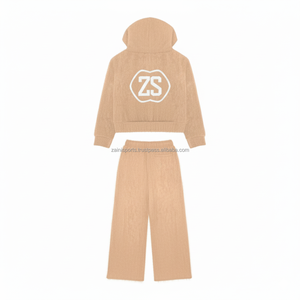 Chándal con cremallera de primera calidad, Sudadera con capucha de lana gruesa de invierno, 380 GSM, tela suave, color beige, chándal con estampado bordado de logotipo personalizado - Product Image 2