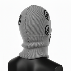 Women premium knit balaclava 300 GSM soft acrylic blend grey color with chenille custom logo and embroidered patches balaclava - Product Image 5
