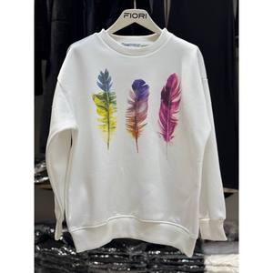 Sweat-shirt à col rond imprimé plumes colorées, tissu tricoté brossé 3 fils, respirant et confortable - Product Image 3