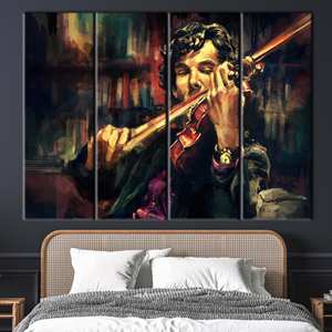 Art sur toile moderne et élégant : Décoration de chambre musicale avec violoniste imprimé, 4P : encadré - Product Image 1