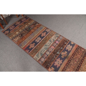 Tapis vintage, petit tapis turc de 2,9 x 13,5 pieds, tapis géométrique patchwork marron arc-en-ciel - Product Image 2