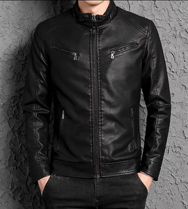 Wholesale High Quality Winter Men's PU <b>Leather</b> Jacket Stand Collar Front Logo Breathable/Windproof/Waterproof Slim Fit Custom - Product Image 2