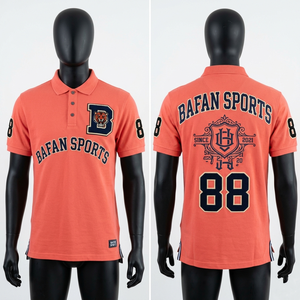 Polo en coton épais pour homme, couleur corail, style streetwear, avec imprimé graphique et broderie, coupe ajustée - Product Image 1