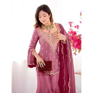 Conjunto de Traje Sharara de Organza de Diseño de Lujo al por Mayor con Bordado Pesado, Kurta y Pantalones Sharara Acampanados para Fiesta Tradicional de Mujer - Product Image 5