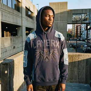 Sweat à capuche pour homme en denim bleu marine patchwork uni, coton lourd 300 g/m², broderie 3D, strass, streetwear délavé - Product Image 4