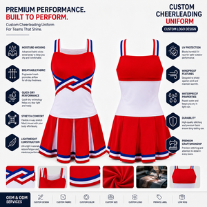 Uniforme de cheerleading pour femmes Twill Sports, jupe de style color block rouge, blanc et bleu, tenue de performance de danse, uniforme de cheerleading - Product Image 4