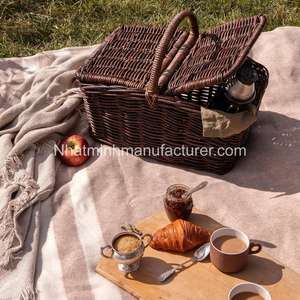 Handwoven Picnic Basket <b>with</b> Double <b>Lid</b> Design Dark Brown <b>Rattan</b> Storage Cart - Product Image 5