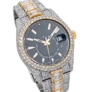 Reloj de lujo con correa de acero inoxidable personalizado Iced Baguette diamante redondo esfera gris Moissanite diamante Hip Hop reloj para Unisex - Product Image 1