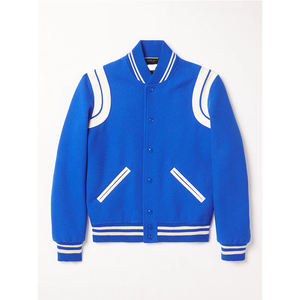 Veste de baseball varsity bleu royal pour homme avec poignets côtelés rayés blancs, boutons-pression, veste bomber en polaire - Product Image 6