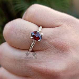 Handmade Dainty <b>Garnet</b> Sterling <b>Silver</b> <b>Ring</b> Natural Gemstone Jewelry Prongs Minimalist Boho Style Anniversary Birthday Gift for - Product Image 1