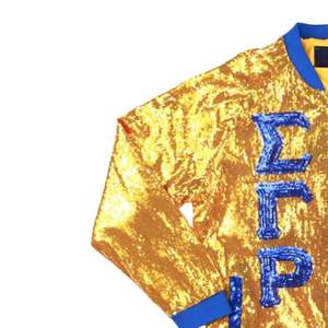 Sigma Gamma Rho SGRho <b>Sequin</b> <b>Jacket</b> Gold Blue Greek Letters Embroidered Crest Sorority Bomber Greek Life <b>Sequin</b> Apparel - Product Image 2