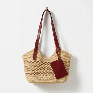 Sac à bandoulière bohème en raphia tressé fait main avec sangle en cuir camel, motif ajouré, style été, sac à main pour femme - Product Image 1