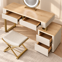 Ensemble de coiffeuse moderne ivoire avec miroir rond LED, armoire latérale multi-tiroirs, tabouret, taille et couleur personnalisables, garantie de 2 ans