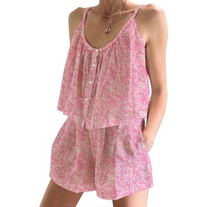 Conjunto de Pijama de Verano/Otoño con Pantalones Cortos de Algodón Estampados a Mano, Diseño Floral, Ajustado, con Tirantes, Sin Mangas - Product Image 1
