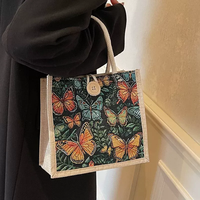 Tas Tote Jute Ramah Lingkungan Berkualitas Tinggi Bergaya Vintage Cottagecore dengan Pegangan Tali Katun Jacquard Motif Kupu-kupu dan Kancing Kayu