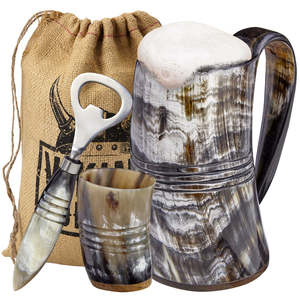 Ensemble de tasses à corne de boisson les plus précieuses avec verre à liqueur et ouvre-bouteille viking tankard agate médiévale tasses à corne abordables - Product Image 1