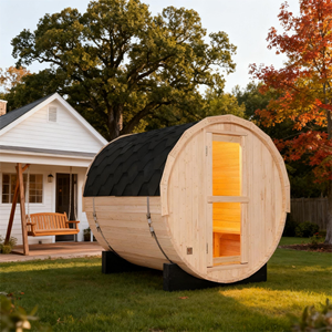 Sauna de barril de pino blanco para exteriores, para 4 personas, con estufa de 6 kW y tejas resistentes a la lluvia - Product Image 3
