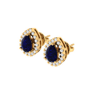 Pendientes de Botón Elegantes de Plata de Ley Chapados en Oro con Dos Piedras de Zafiro en Forma de Pera y Circonita Cúbica de 11x8 mm - Product Image 1