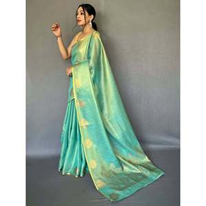 Sari de mariage en soie tissée turquoise glamour avec chemisier pour votre jour spécial - Product Image 5