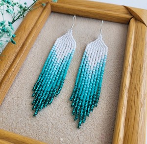 White <b>Emerald</b> Beaded Earrings Chandelier Earrings Gradient Fringe Earrings Ombre Earrings Dangle Beadwork Earrings - Product Image 2