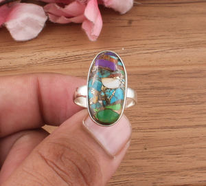 Huître épineuse naturelle cuivre Turquoise 925 argent Sterling large bande bague unisexe mariage classique lunette réglage en gros à la main - Product Image 2