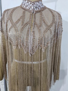 Cape Burlesque droite élégante perles brins perlés paillettes naturelles longueur au sol col en V soutien-gorge intégré tenue de club de fête - Product Image 6