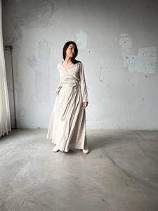 Robe caftan en lin beige naturel Robe à manches longues enveloppante Robe en lin quotidienne décontractée avec doublure en coton et ceinture imprimée - Product Image 6