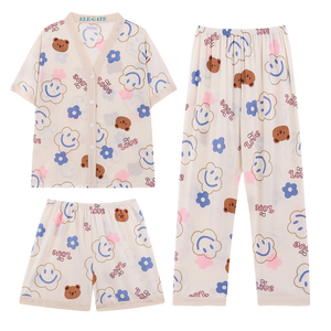 Set Pigiama 3 Pezzi in Seta di Latte Kawaii, Stile Casual Taglia XL, Morbido con Elastico in Vita, Vestaglia con Motivi Animali Cartoon, Fresco e Leggero per la Notte - Product Image 5