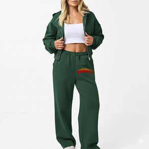 2025 New Arrived Custom Made Zip up <b>Crop</b> Top Hoodie & <b>Joggers</b> Set 100% Cotton Custom Screen Printed Logo Lightweight Sweatsuit - Product Image 1