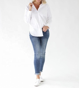 Chemise boutonnée classique en popeline de coton blanc pour femme, manches longues, col rabattu, coupe classique, couleur unie, pour tous les jours, été - Product Image 4