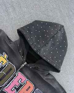 Vente en gros, sweat à capuche personnalisé pour hommes, délavé à l'acide, fermeture éclair avec broderie en strass, streetwear vintage, hiver 100% coton à capuche - Product Image 3