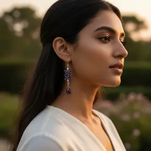 Pendientes de Plata de Ley 925 Chapados en Oro Vintage para Mujer con Gemas de Iolita, Diamantes y Circonitas para Bodas y Fiestas - Product Image 1