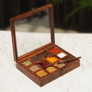 Acacia <b>Wood</b> <b>Spice</b> Box with Floral Design Masala Dabba <b>Spice</b> <b>Rack</b> box For storage of Nuts and <b>spices</b> in wholesale - Product Image 6