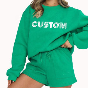 2025 vente en gros deux pièces sweats ensemble brodé pantalons de survêtement pull personnalisé surdimensionné sweat pantalon court ensemble - Product Image 2