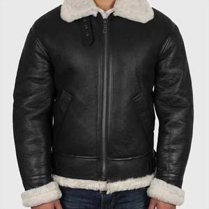 Chaqueta de Cuero con Capucha de Piel de Oveja Negra, Estilo Bomber, para Hombre, Invierno, Estilo B-3, Cierre de Cremallera, Bolsillo en el Brazo, Informal - Product Image 3