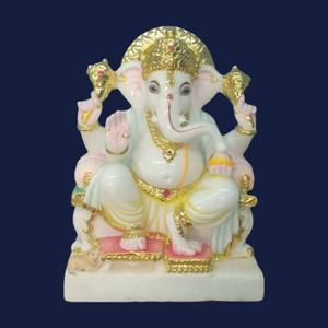 N ° 1 qualité marbre indien coloré marbre blanc Ganesha Statue pour le culte indien fabriqué à la main assis Ganpati Bappa Statue - Product Image 1