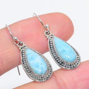 Boho Style 925 Sterling <b>Silver</b> <b>Drop</b> <b>Earrings</b> with Larimar Gemstone Handmade Jewelry for Women Wedding Gift - Product Image 2