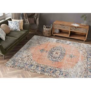 Tapis à motifs orange et bleu marine : Tapis turc Oushak de style antique, tapis doux non tissé - Product Image 2