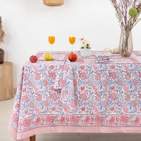 Bleu pigeon et rose flamant rose sur fleur blanche Design main bloc impression nappe couverture de Table et lin ensemble cadeau pour cadeau de maman