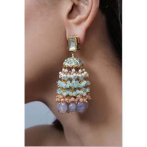 Kundan Jadau turquesa melocotón con cuentas Jhumki moda pendientes - Product Image 2