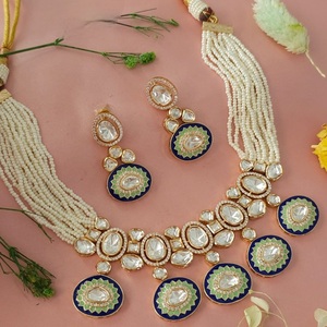 High Quality Designer <b>Gold</b> Plated Moissanite Stones Look Necklace <b>Set</b> With <b>Earrings</b> Women Traditional Wedding Wear Collection - Product Image 1