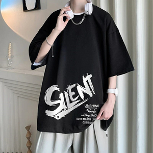 เสื้อยืดแขนสั้นผ้าคอตตอนคอมบ์ทรงหลวมของผู้ชายเสื้อยืดสีพื้นสไตล์ลำลองพร้อมเสื้อยืดปรับแต่งได้ - Product Image 1