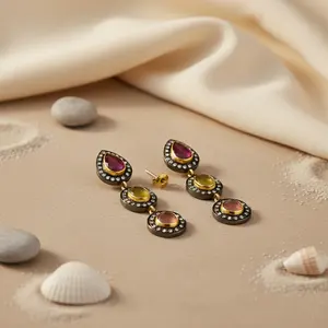 Boucles d'oreilles pendantes/chandelier en or 18 carats avec rubis et saphir, bijoux de déclaration pour femmes, cadeaux - Product Image 1